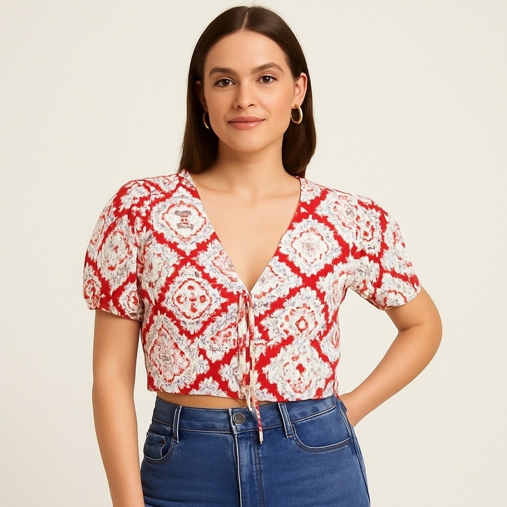 Lobster Floral Print Tie Front Top Red White‎ Coastal Cropped Blouse XL New
